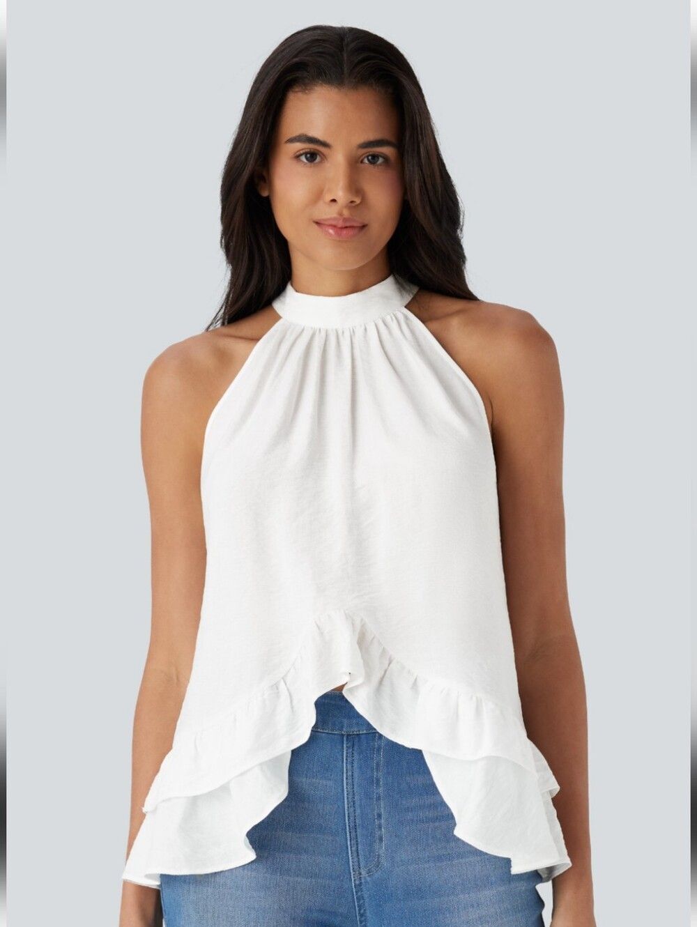 Halara White Mock Neck Sleeveless Asymmetric Ruffle Hem Casual Top Size Small